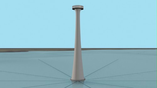 Figure 1: Solar Pond Tower with slowly to and from rotating heat exchanger tube web in the hot bottom layer of the pond