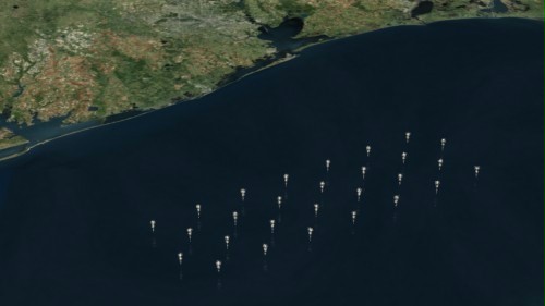 Figure 6: Aerial view of 200 km long barrier of Hurricane Killers 100 km from the Houston Gulf coast